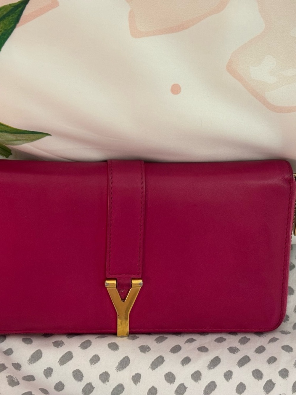 Yves Saint Laurent Fuchsia Leather Clutch with Gold Y Hardware